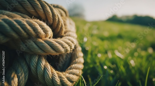 Close-Up of Twisted Natural Rope on Green Grass in Soft Sunlight photo