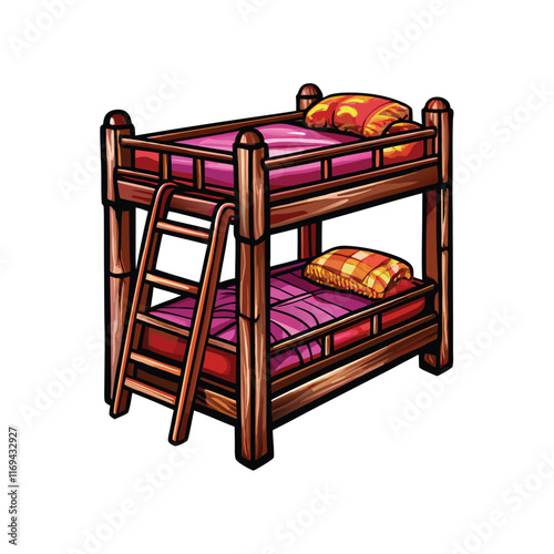 Cartoon illustration of a wooden bunk bed with a ladder.