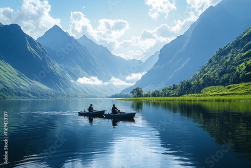 Two kayakers paddle silently on a tranquil lake, embraced by towering green mountains and a bright blue sky. Generative AI photo