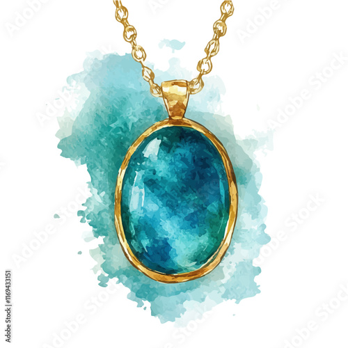 A watercolor vector painting of an elegant turquoise pendant necklace, isolated on a white background. Elegant turquoise necklace vector.

