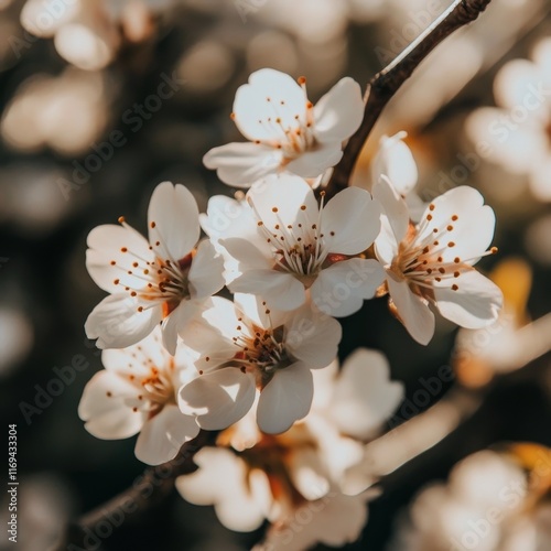 Cherry blossom flowers bloom in spring sunlight showcasing delicate beauty an...