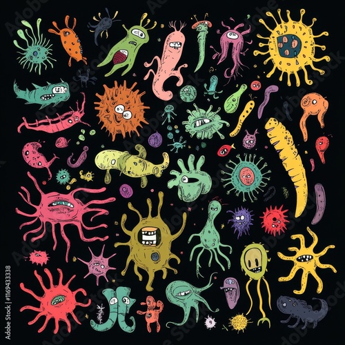 Set of microbes in colorful, cartoon-style designs. Highlights diversity, science, and a playful approach to health education.