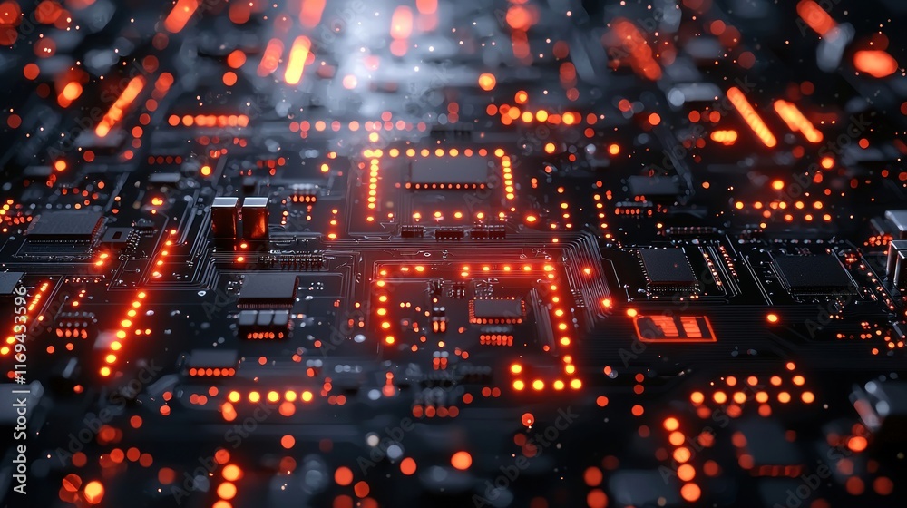 Intricate Circuit Board: A Close-Up View of Electronic Components Glowing with Orange Light Intricate Circuit Board: A Close-Up View of Electronic Components Glowing with Orange Light