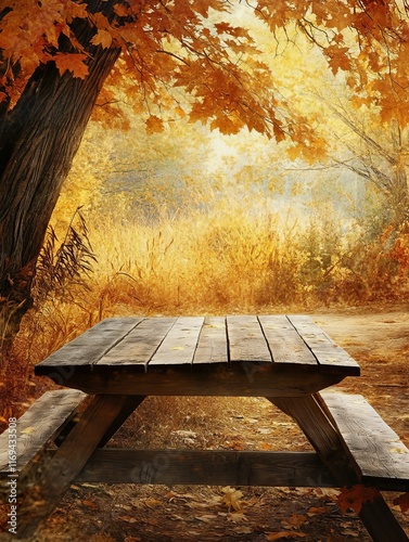 Wooden Picnic Table Autumn ...