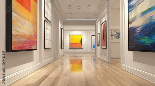 Modern Art Gallery Interior with Bright Abstract Paintings photo