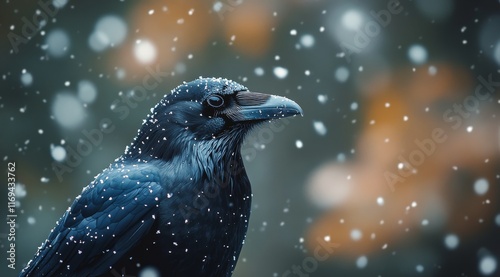 Snowfall surrounds a raven perched on a snowy branch in a winter forest setting