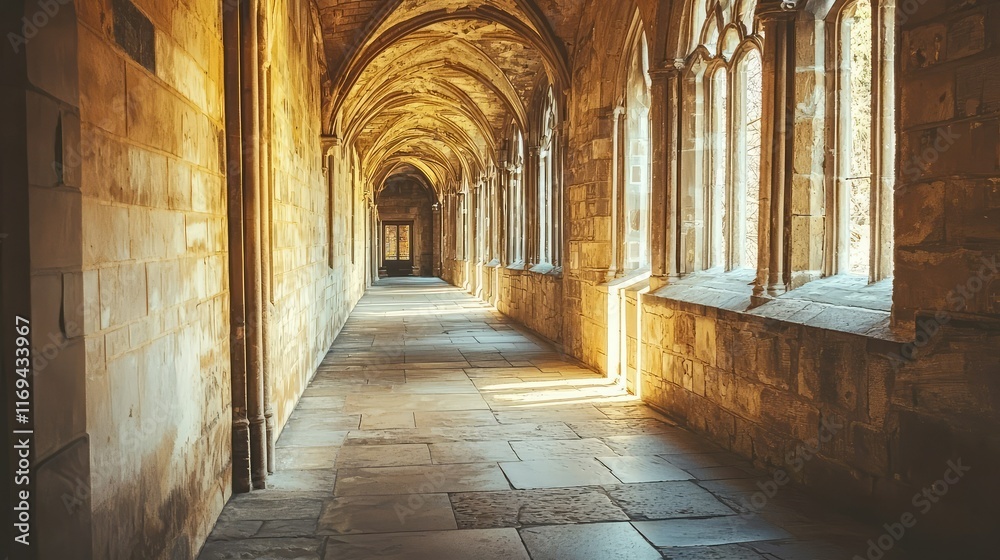 Serene Historic Corridor with Arched Ceilings and Natural Light