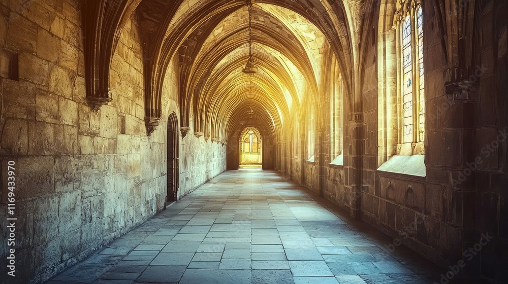 Serene Gothic Corridor with Dramatic Light and Stone Archways Serene Gothic Corridor with Dramatic Light and Stone Archways