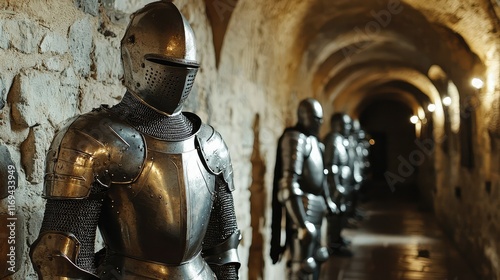 Glimmering Medieval Armor in Historic Stone Passageway Display