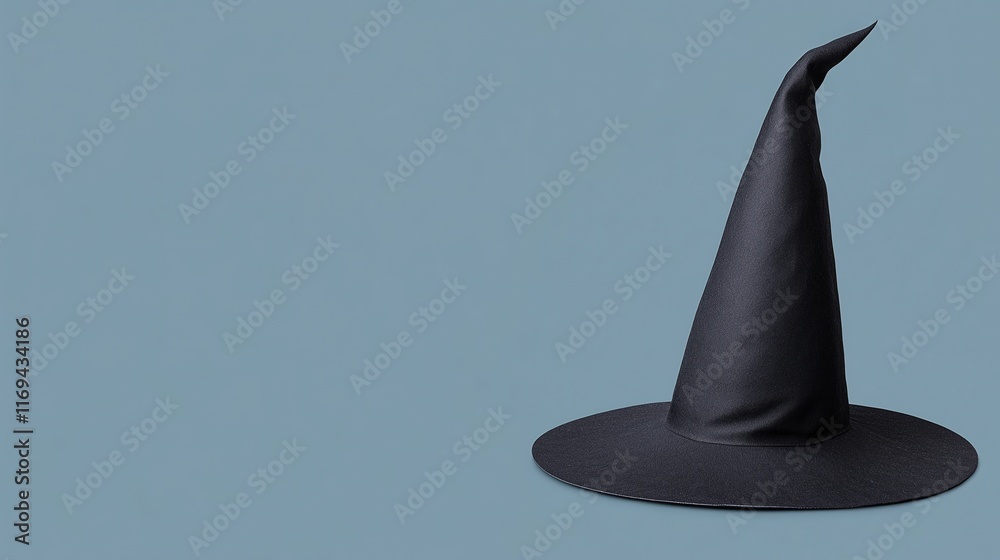 Fototapeta premium Black Witch Hat Isolated on Blue Background for Halloween Spooky Theme and Seasonal Design