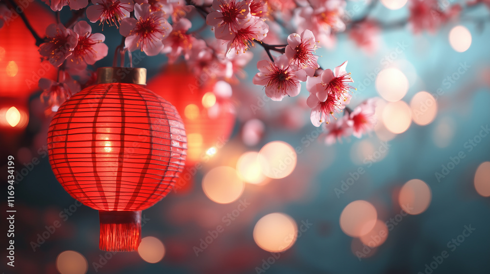Obraz premium Chinese lunar new year background with cherry blossoms and red lanterns. Copy space.