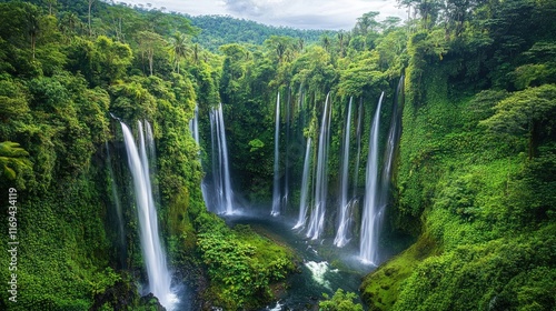 A lush tropical rainforest with cascading waterfalls and vibrant green foliage, showcasing the beauty of biodiversity.