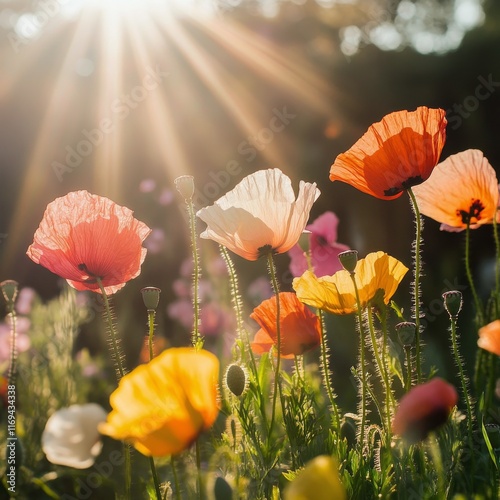 Colorful flowers blooming in sunlight during a warm spring afternoon outdoors