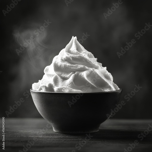 Whipped cream in a dark bowl with steam rising in a cozy atmosphere