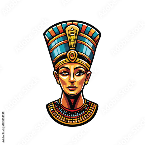 Generate a detailed vector illustration of Nefertiti's bust, featuring her iconic blue and gold headdress.