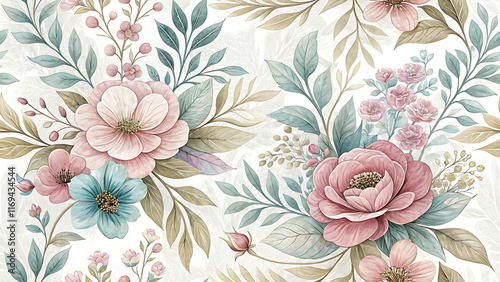 Wallpaper Mural Vintage Floral Pattern with Pastel Flowers and Leaves	 Torontodigital.ca