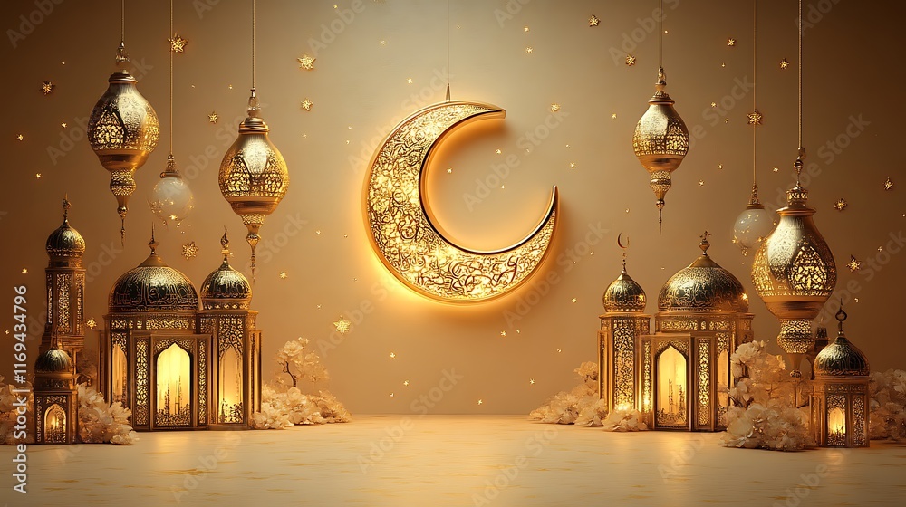 Obraz premium Golden Ramadan Lanterns and Crescent Moon Scene