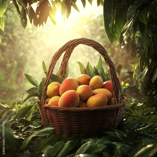 Freshly harvested ripe mangoes in a lush orchard basking in sunlight after a ...