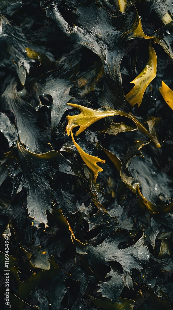 Obraz premium Dark Seaweed Abstract Texture with Golden Highlights for Design Uses