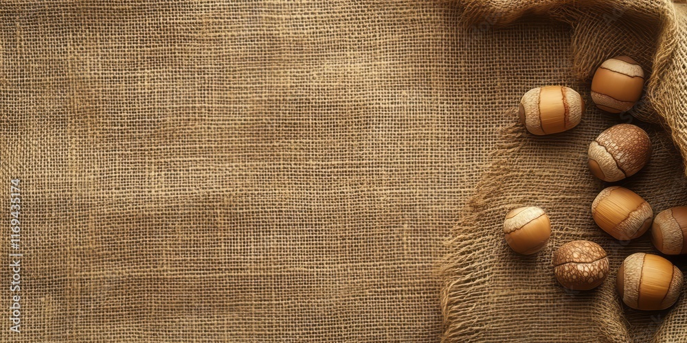 Hazelnuts arranged on rustic burlap fabric background Hazelnuts arranged on rustic burlap fabric background