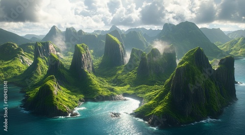 Majestic green cliffs rise from turquoise waters in a serene coastal landscape