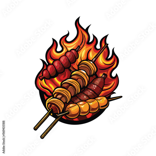 A detailed vector illustration of a Brazilian churrasco skewer with various meats and vegetables, set against a fiery background.