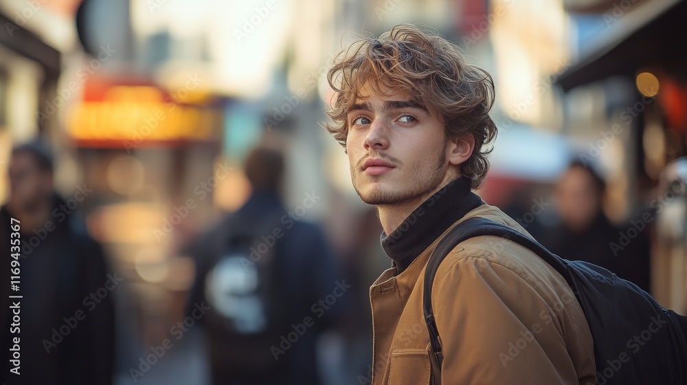 Fototapeta premium Young Man with Curly Hair in City Street During Golden Hour