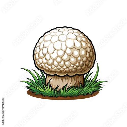 Detailed vector illustration of a giant puffball mushroom with a textured cap and a thick stem, surrounded by green grass.