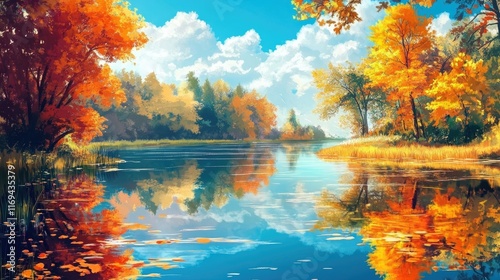 A peaceful lake surrounded by autumn foliage, with the treesa?? colors mirrored perfectly in the still water. photo