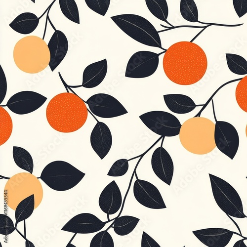 Vibrant illustration of citrus fruits and leaves in bold colors on light back...