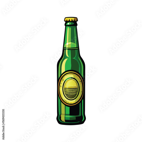 A detailed vector illustration of a green beer bottle with a gold label and a cap.