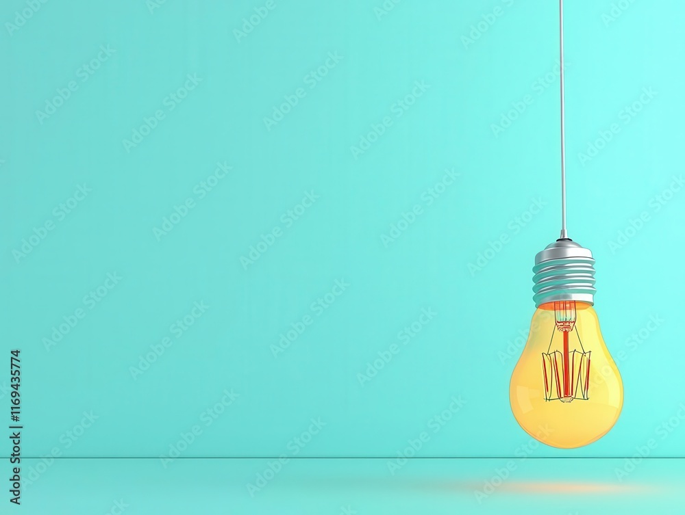 A hanging light bulb with a glowing filament against a turquoise wall. A hanging light bulb with a glowing filament against a turquoise wall.