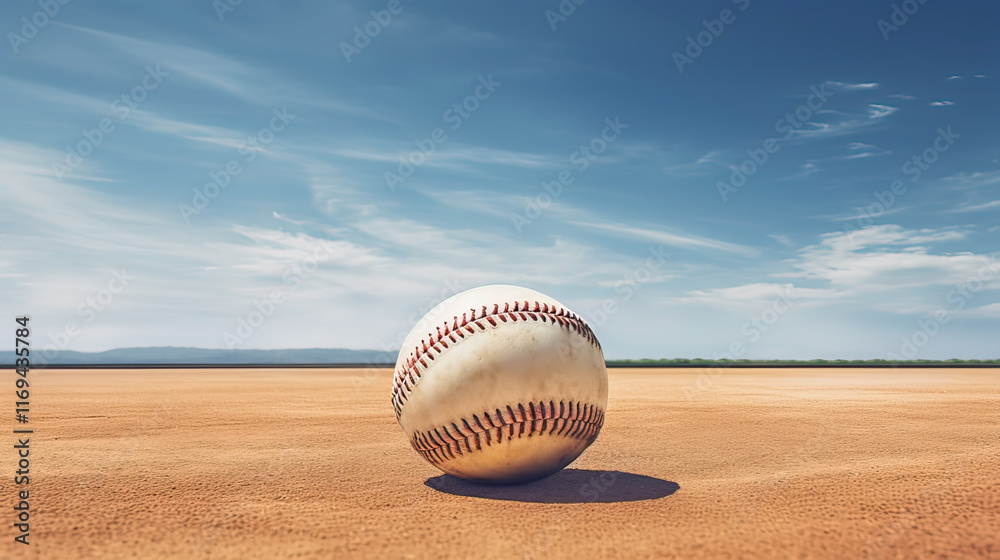 Baseball in sandy field, lush green edges, bright sky, active lifestyle symbol.