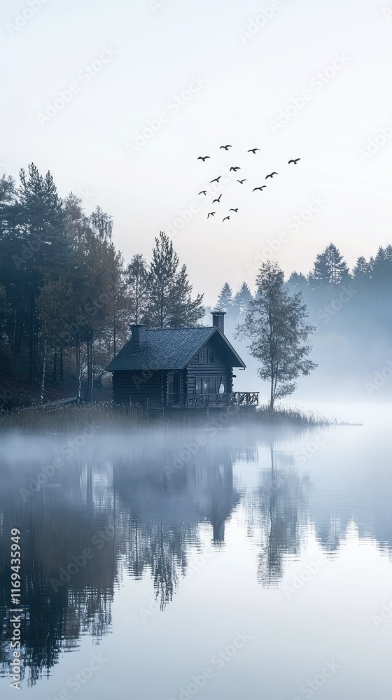 Fototapeta premium Serene Misty Morning by Lake with Cabin and Flying Birds