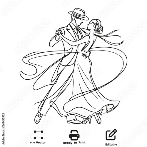 Ballroom Dancing Couple wearing hat Elegant Line Art vector design Valentine Day coloring page activity book