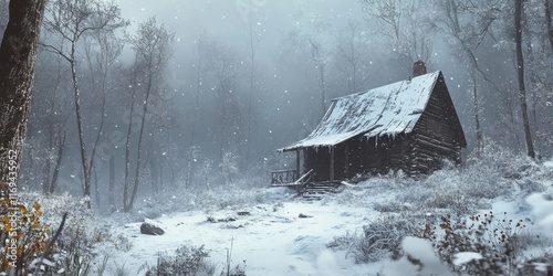 Snow covered cabin in a win...
