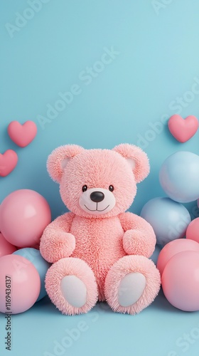 Valentine's Day Cute Pink Teddy Bear with Balloons and Hearts Baby Shower Love