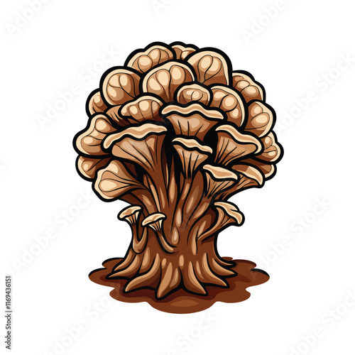 Detailed vector illustration of a maitake mushroom with its feathery, layered cap and brown stem.