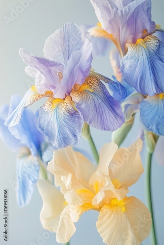 Colorful irises in soft pastel shades captured against a light background wit...