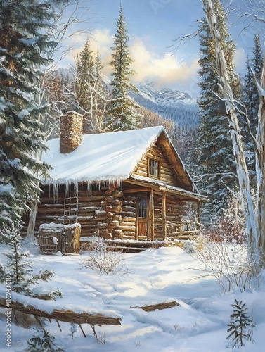 Snowy Log Cabin Nestled In ...