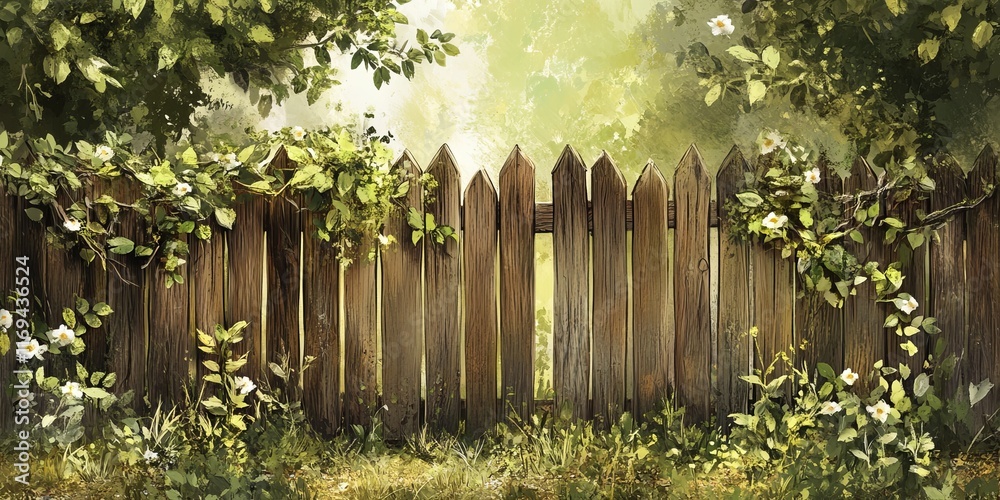 Obraz premium Wooden Fence Adorned With Blooming White Flowers And Lush Greenery
