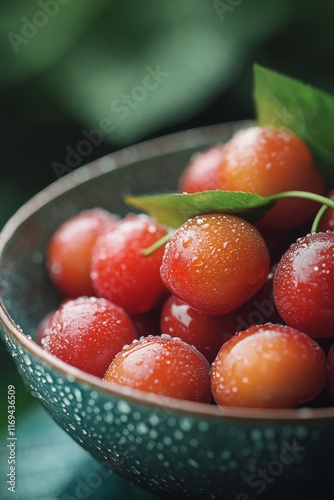 Fresh cherries glistening with water droplets in a decorative bowl on a green...
