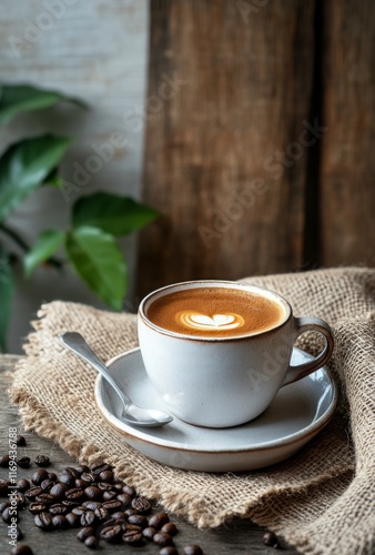 Artisan coffee served in a white cup on a rustic table with coffee beans and ...