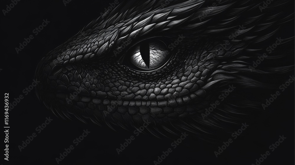 Obraz premium Close-up of a dragon's eye, dark scales, mysterious, fantasy.
