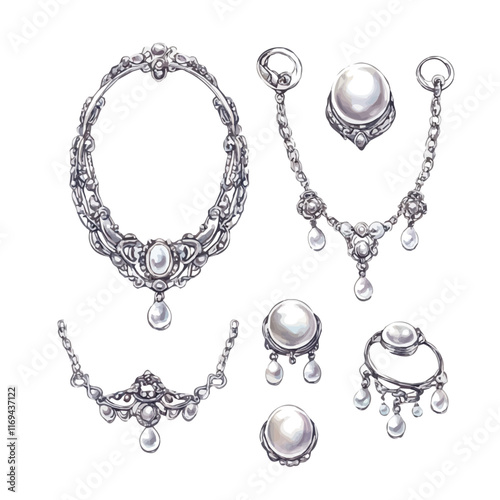 A watercolor vector painting of an elegant silver and pearl jewelry set, isolated on a white background. Elegant silver and pearl set vector.

