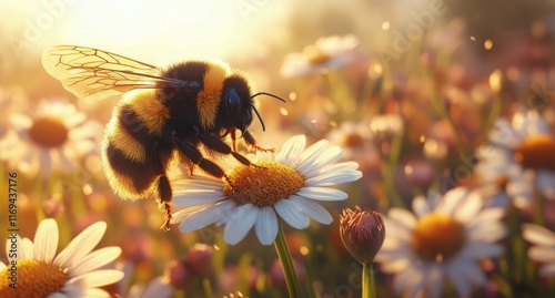 Bumblebee pollinates a flower in a vibrant meadow during a sunny day