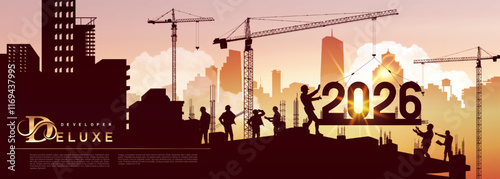 Large construction site, many construction cranes set numbers 2026. Black silhouette staff works as a to prepare to welcome the new year. Construction team sets numbers for New Year 2026. Vector.