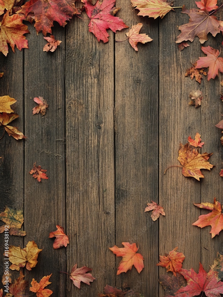 Fototapeta premium Autumn leaves arranged on weathered wooden planks