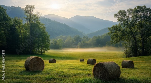 Tranquil rural landscape with hay bales under mountain sunlight in the morning