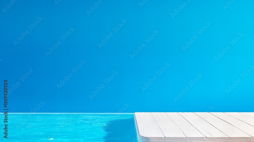 Obraz premium Relaxing summer vibes by the pool. A pristine white deck juts out over a bright turquoise pool, set against a vibrant blue wall. Pure serenity.